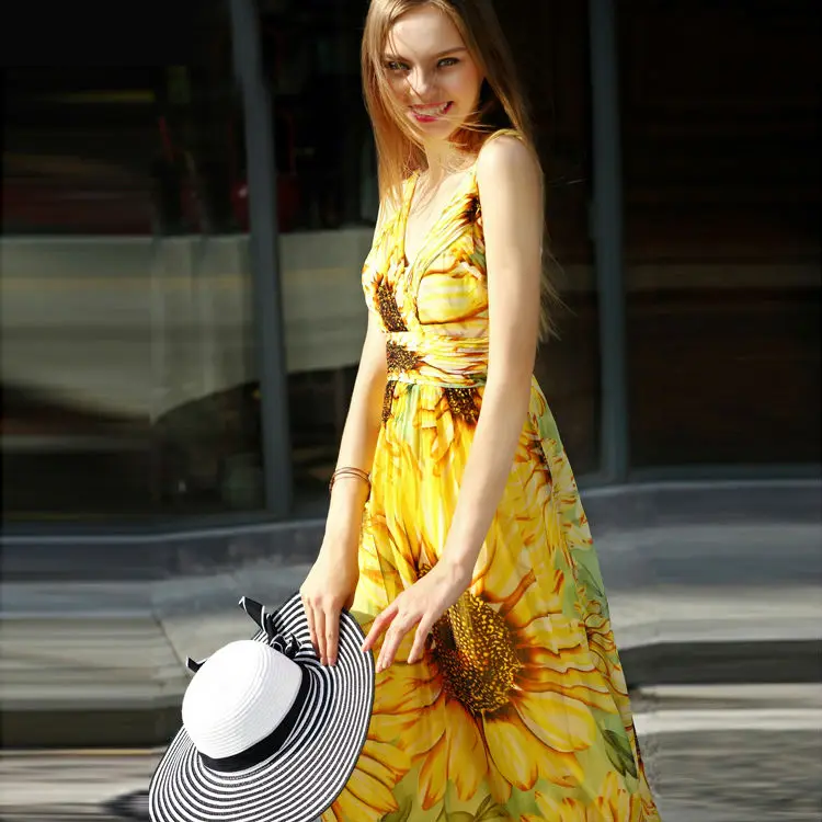 Женское шелковое длинное пляжное платье 100% натуральное с рисунком летнее макси