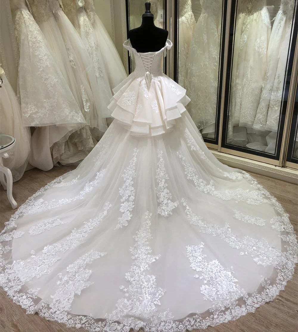 2019 Luxury Ruffles Ball Gown Wedding Dresses Lace Handmade Beading Pearls Bridal off the Shoulder vestido de noiva | Свадьбы и