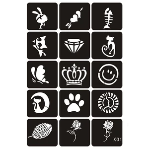 Трафареты для татуировок с блестками для аэрографа, 15 шт., трафареты для рисования для женщин, девочек, детей, трафареты для рисования с маленькими цветами, короной, кошкой, Мультяшные трафареты для татуировок, 6*4,8 см x 1