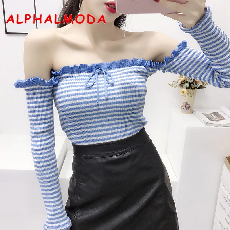 ALPHALMODA Pullovers Off-shoulder Sexy Striped Sweater Long-sleeved Slim Fit Ladies All-match Spring Casual Crop Jumper | Женская одежда