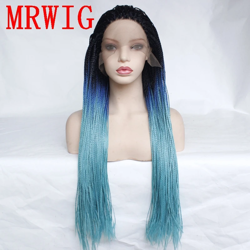 MRWIG 1b #/темно синий/светло голубой Синтетический Плетеный коробка косы парик