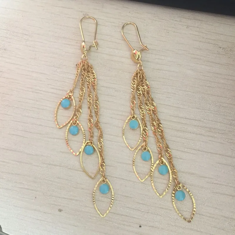 Модные серьги золотого цвета с кисточками Овальные Синие Висячие для женщин