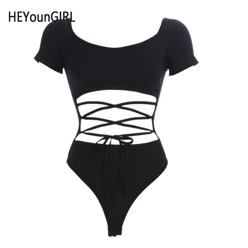 Черный HEYounGIRL, короткий рукав, черный, сексуальный, боди, для женщин, летний, хлопок, бодикон, комбинезон, для девушек, завязывается, бандаж, женский, боди, топ, уличная одежда - Цвет: Черный