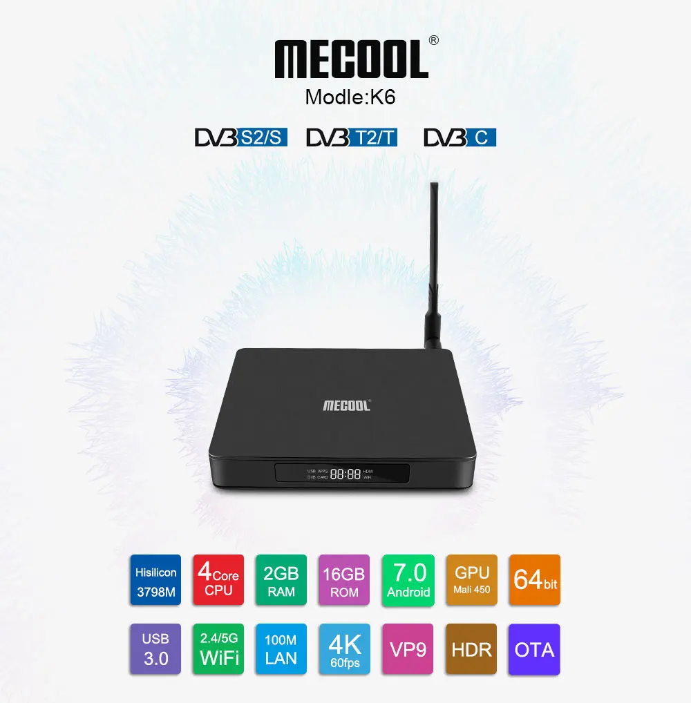 MECOOL K6 DVB S2 T2 Android 7 0 ТВ приставка Hisilicon Hi3798M 2 Гб 16 64 бит 4K 4/5 ГГц двойной Wifi BT4.1 USB3.0 Ultra