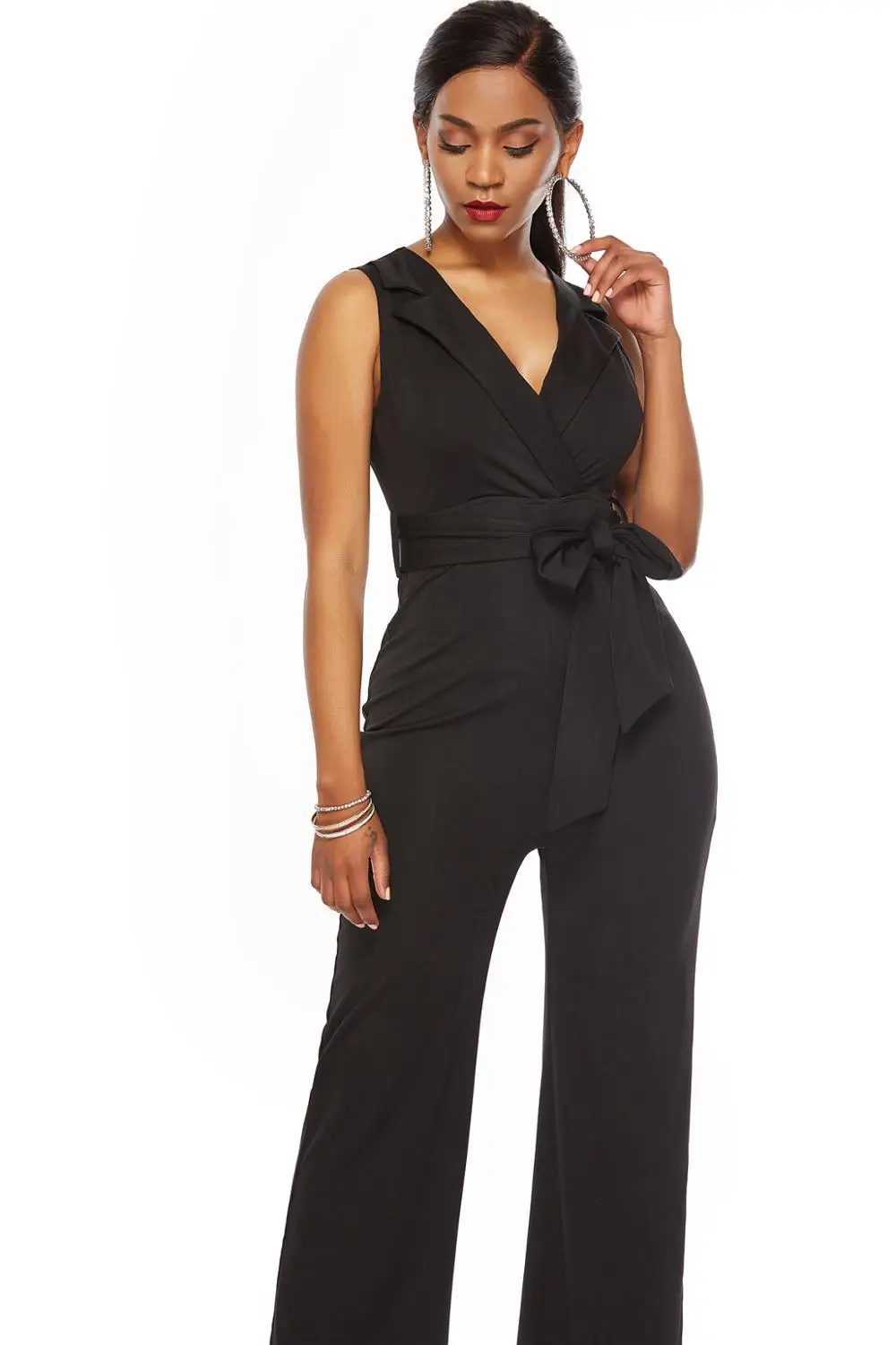

Echoine Women Tied Waist Lapel Zipper Back Casual Jumpsuit Solid Color Black Sleeveless Lapel Neck Wide Leg Jumpsuits with Belt
