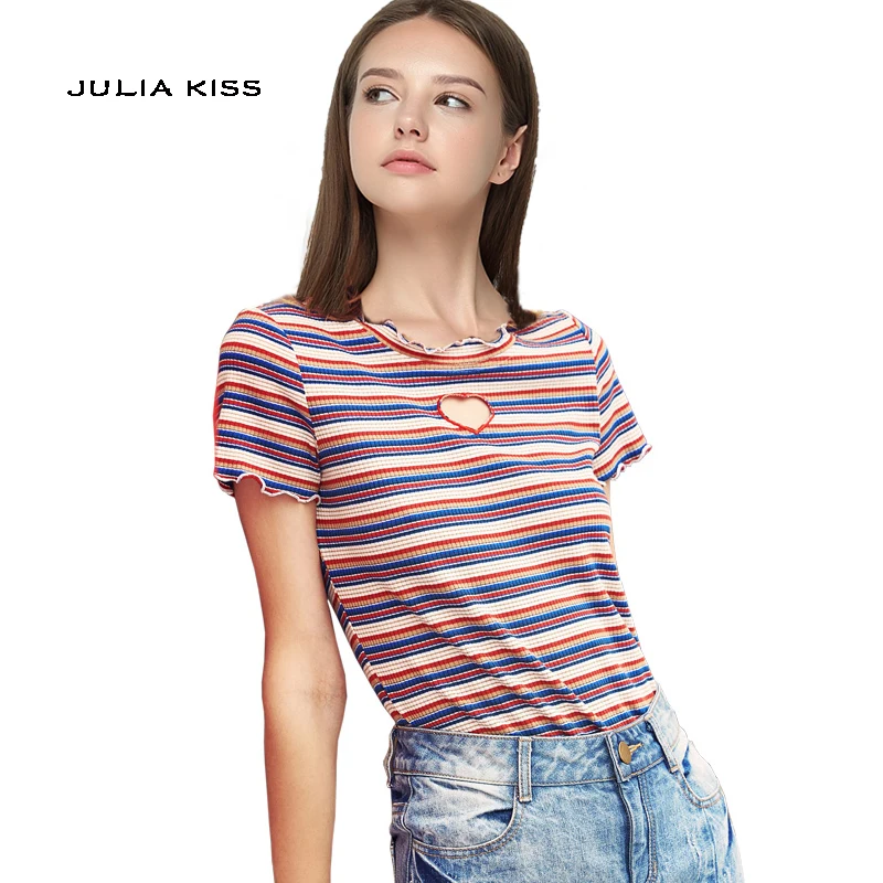 Женская Полосатая футболка в стиле ретро с коротким рукавом и сердечком|striped tee|tees