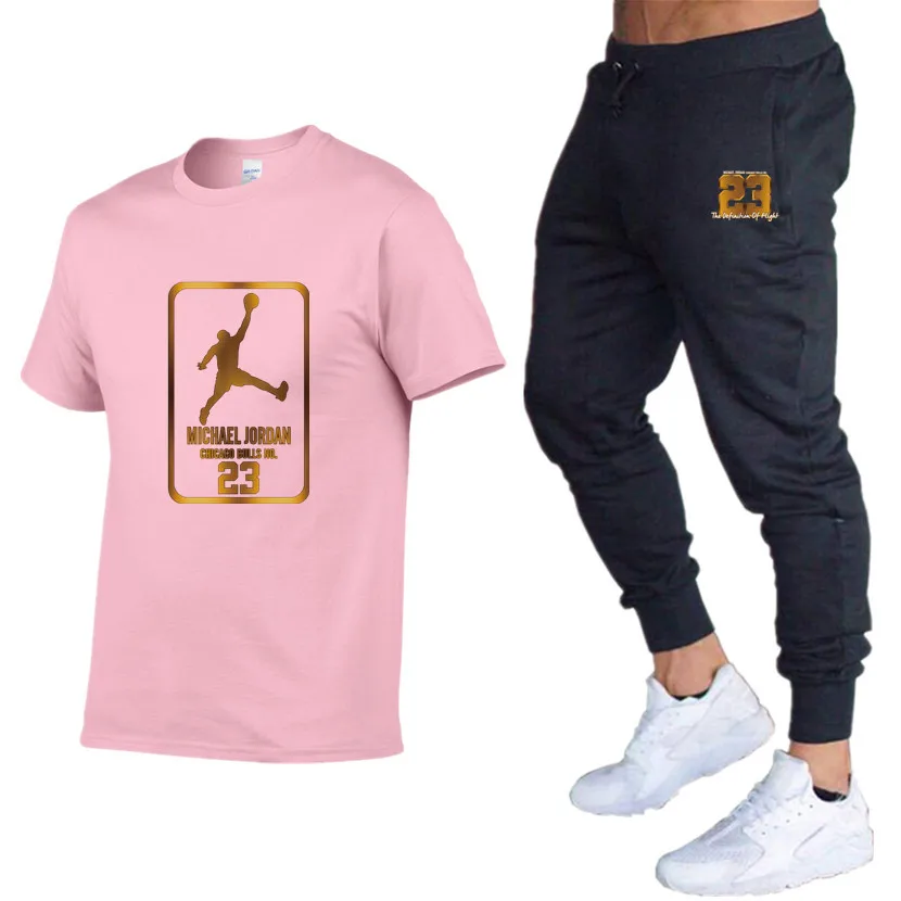Качественные Брендовые мужские комплекты Jordan 23 футболки+ брюки Мужская брендовая одежда костюм из двух предметов спортивный костюм футболки спортивные залы тренировка набор для фитнеса - Цвет: Pink 80