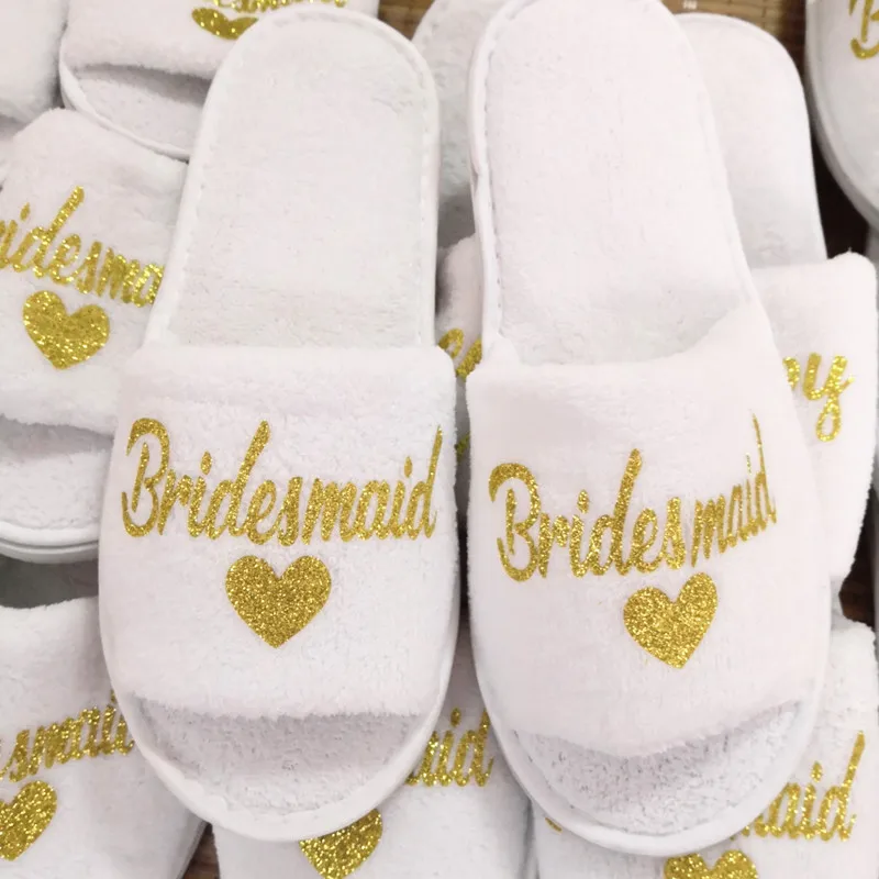 

Sisbigdey Wedding bride slippers bridal party slippers Open Toes shower shoes quality coral fleece bridesmaid slippers