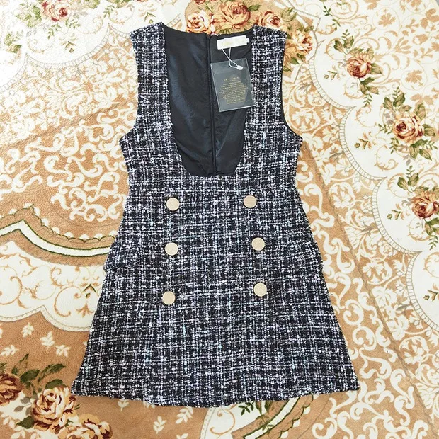 S-xl Новинка, Осень-зима, комплект из 2 предметов, подиумная Женская Сексуальная кружевная рубашка с бантом, топы+ двубортное твидовое клетчатое мини-платье без рукавов