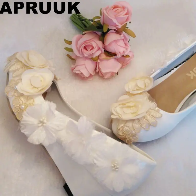 

Champagne white flowers wedges heel wedding pumps shoes woman round toes bride bridal flower girl dress shoe custom handmade