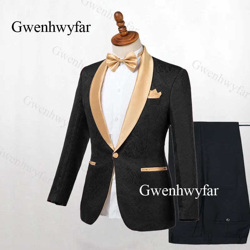 Мужской Жаккардовый смокинг Gwenhwyfar черный блейзер с золотым отложным воротником