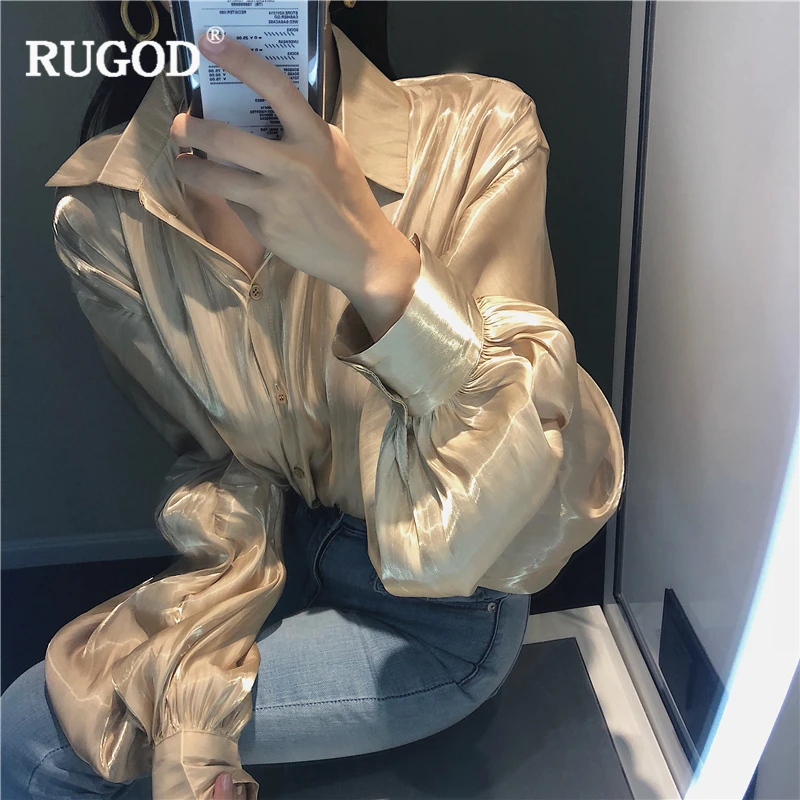 RUGOD новая Корейская Золотая Свободная блузка женская мода длинный рукав фонарик