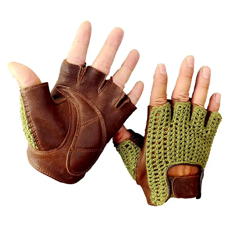 The Latest Genuine Leather Half Finger Mesh Breathable  Gloves Cowhide  + Knit Gloves Unisex A149-5