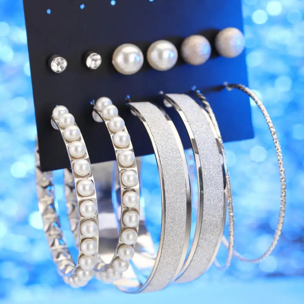 Silver Earrings Set Стиль серьги из горного хрусталя Набор для женщин смешанный Имитация жемчужной сережки наборы 6 пар золотого и серебряного цвета серьги с кристаллами - Окраска металла: Silver Earrings Set