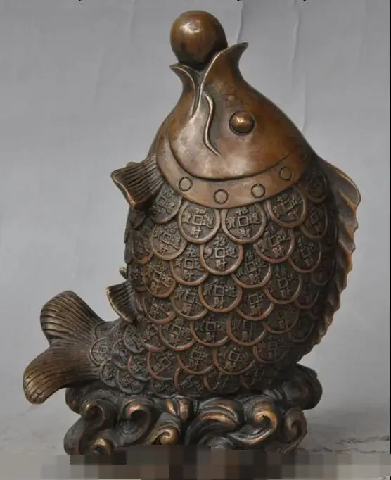 

Free shipping S00506 9"Chinese Fengshui Bronze money Rich carp cyprinoid Fish Play Bead animal Statue