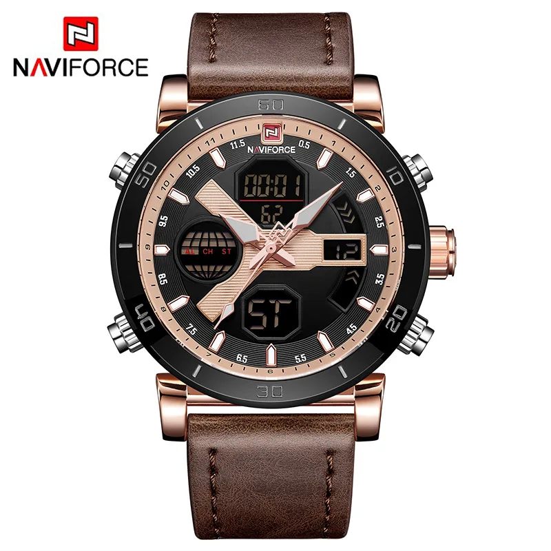 Rose Gold NAVIFORCE Топ люксовый бренд спортивные часы мужские кожаные водонепроницаемые армейские военные цифровые Кварцевые аналоговые наручные часы Мужские часы - Цвет: Rose Gold