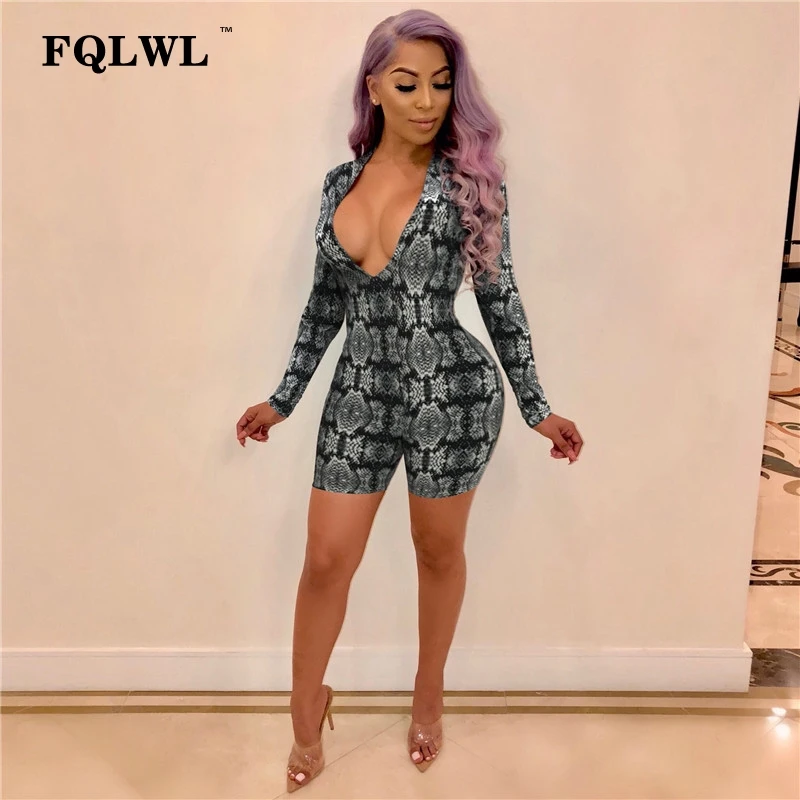 FQLWL комбинезоны со змеиным принтом Женский Летний комбинезон с глубоким V