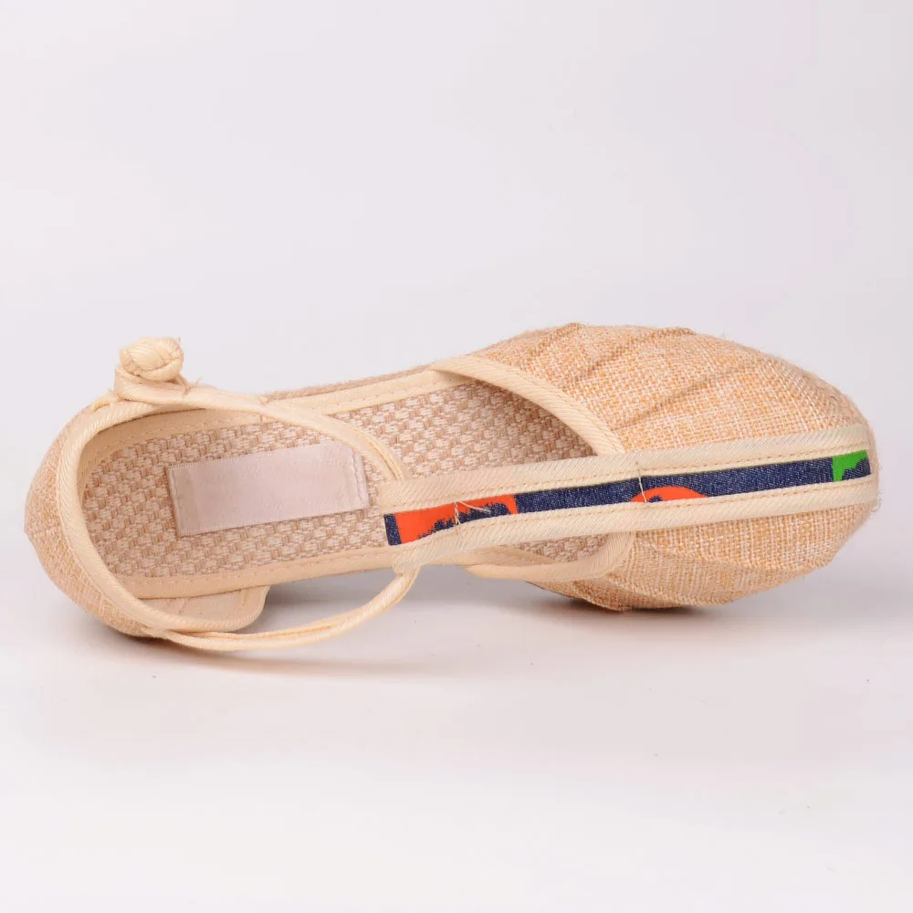 Летние Стильные женские льняные туфли-лодочки с Т-образным ремешком Сандалии на
