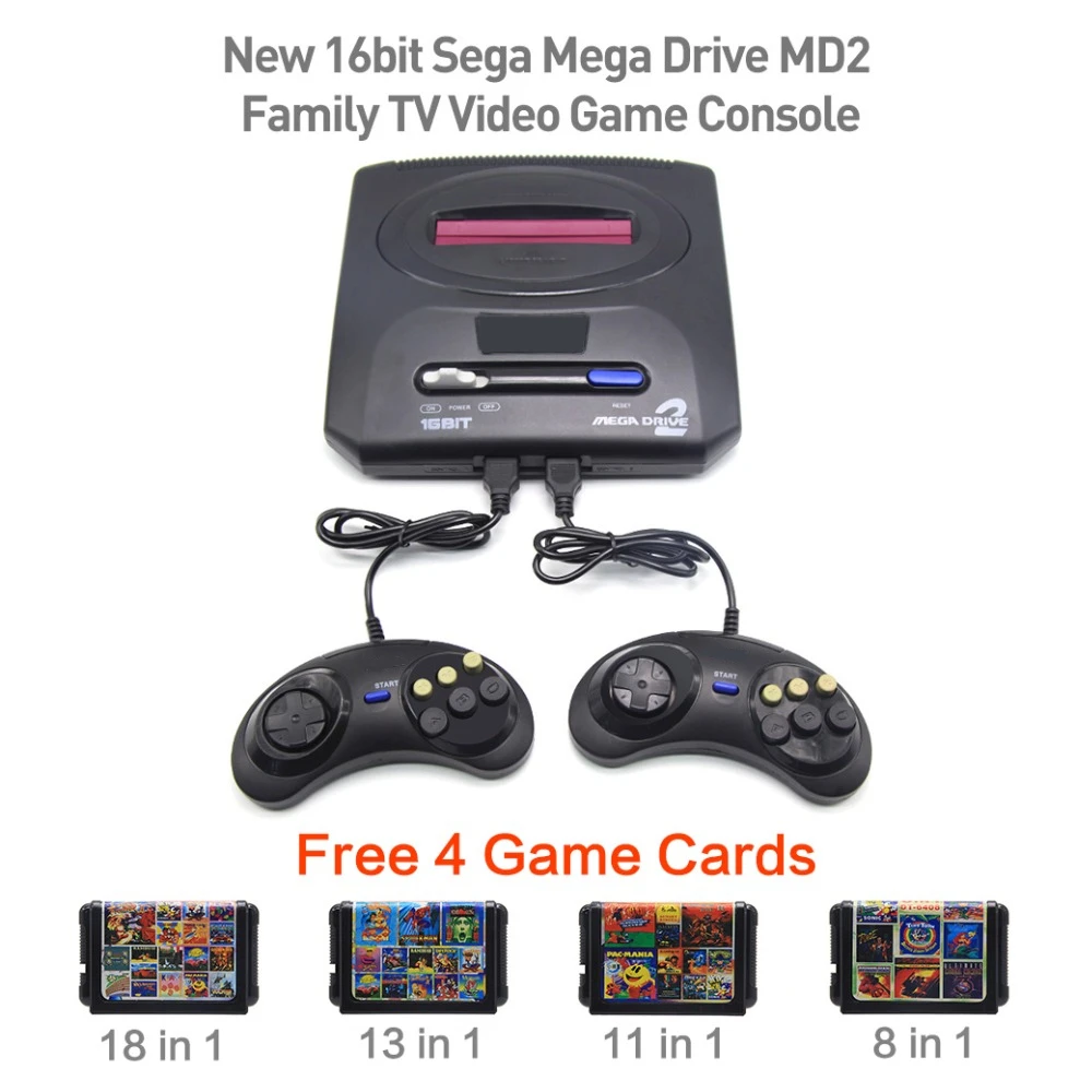 Новый 16bit sega Mega Drive MD2 бесплатная 4 карты игры Семья ТВ игровой консоли игрока Ретро