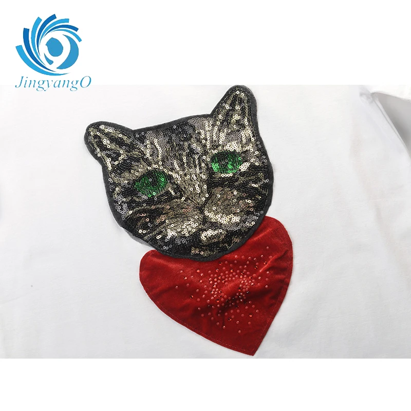 JingyangO 2018 Новинка весны и лета Для женщин красное сердце Sequin кусочек Cat патч