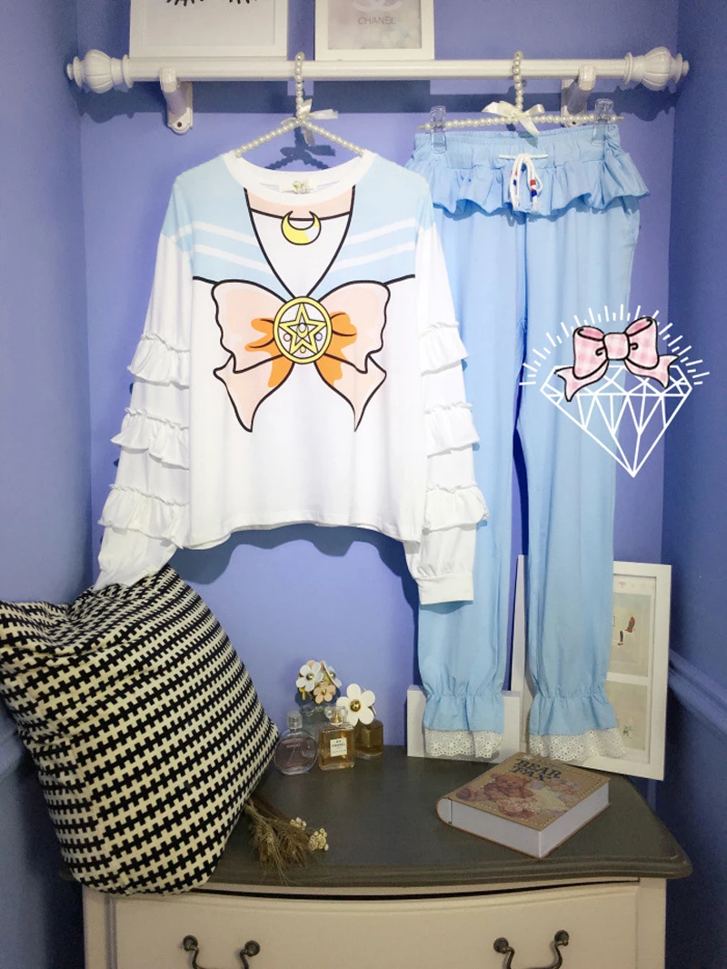 

Anime Sailor Moon cosplay cartoon Bow flouncing female sweet cute girls Spring and autumn Sets top+pants Home clothing Costumes