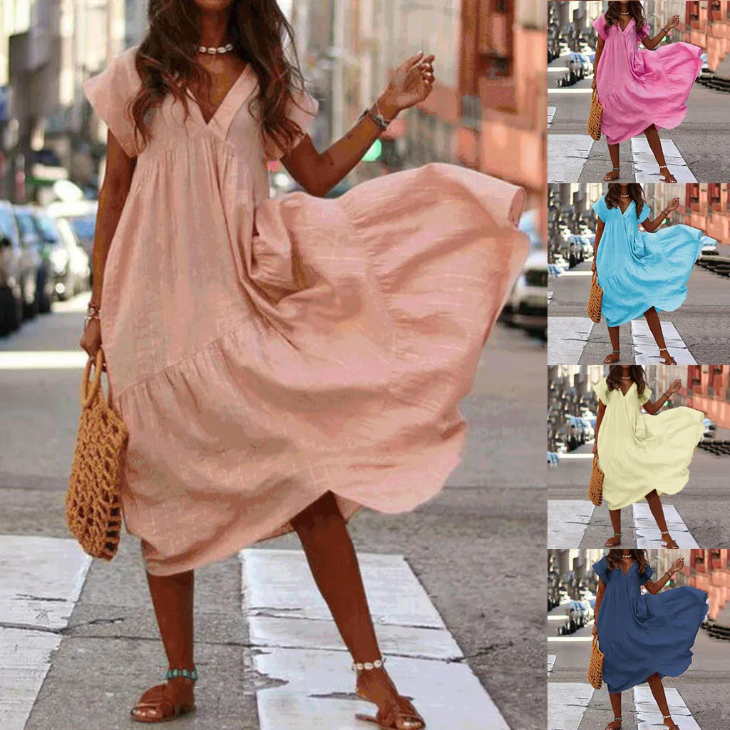 

Women fashion Dresses Women Solid Summer Casual V Neck Short Sleeve Beach Maxi Dresses Vestidos