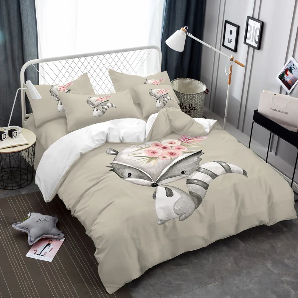 

3/4Pcs Bed Linens Set 3D Bedding Set Pink Rose Flower Gray Fox Bedclothes Twin Full Queen King Size Duvet Cover Set Pillowcase