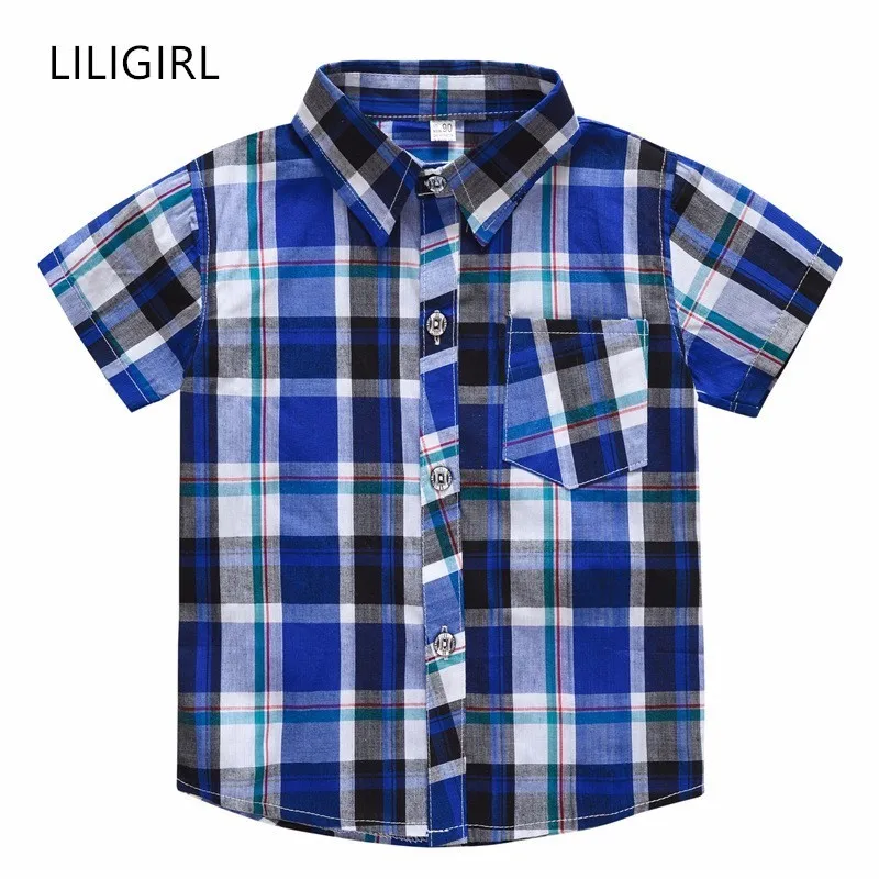 Рубашка в клетку для мальчиков LILIGIRL с короткими рукавами 5 цветов лето 4 49