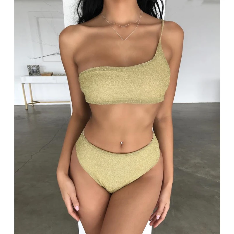 Бретель через одно плечо комплект бикини золотистый купальник для девушек и