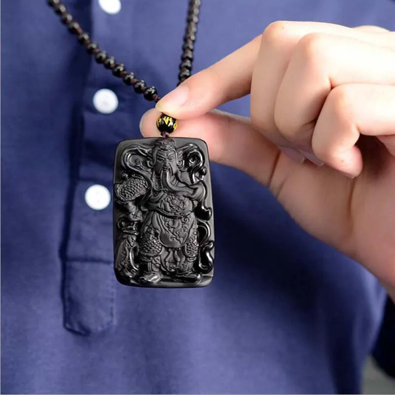 Мужские Подвески KYSZDL из натурального обсидиана с резьбой Гуань гонг властные на