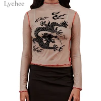 lychee chinese style dragon print women t shirt mock neck long sleeve see through thin female t shirt high street sexy tee top