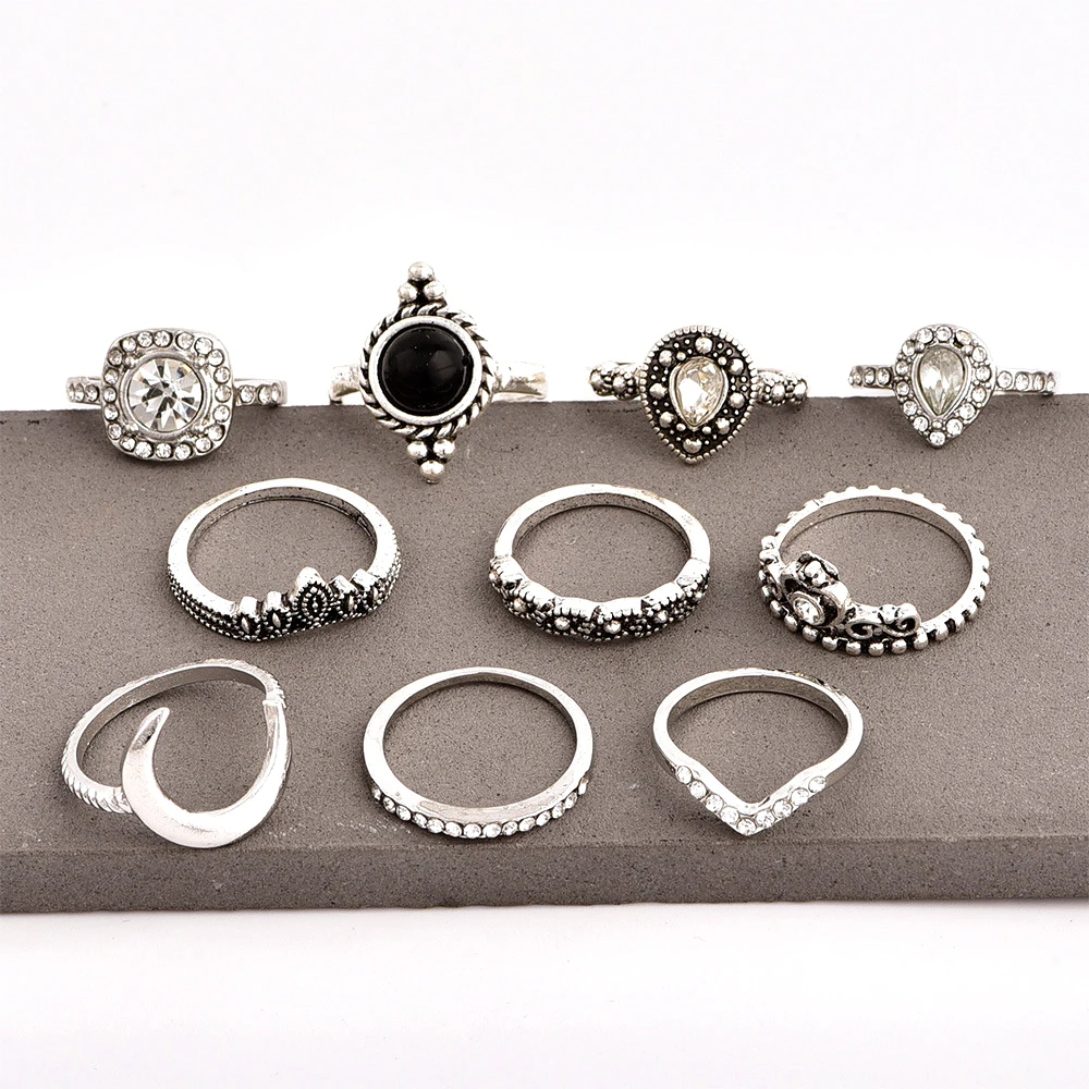 Женский комплект из серебряных колец 10 шт./компл. в стиле ретро с кристаллами
