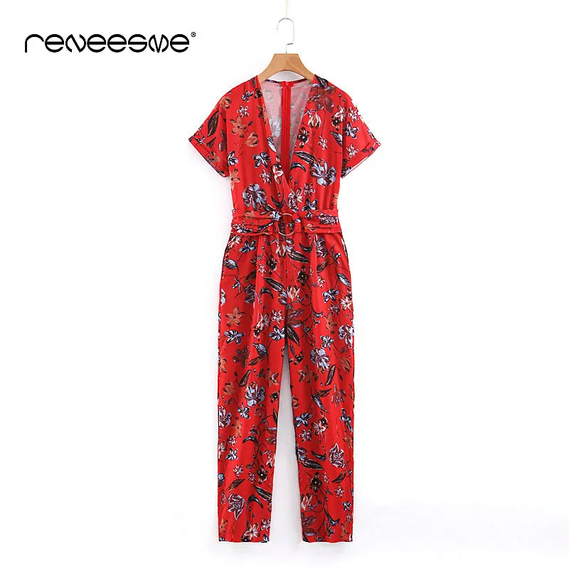 Женские винтажные Цветочные Комбинезоны с v образным вырезом и коротким рукавом