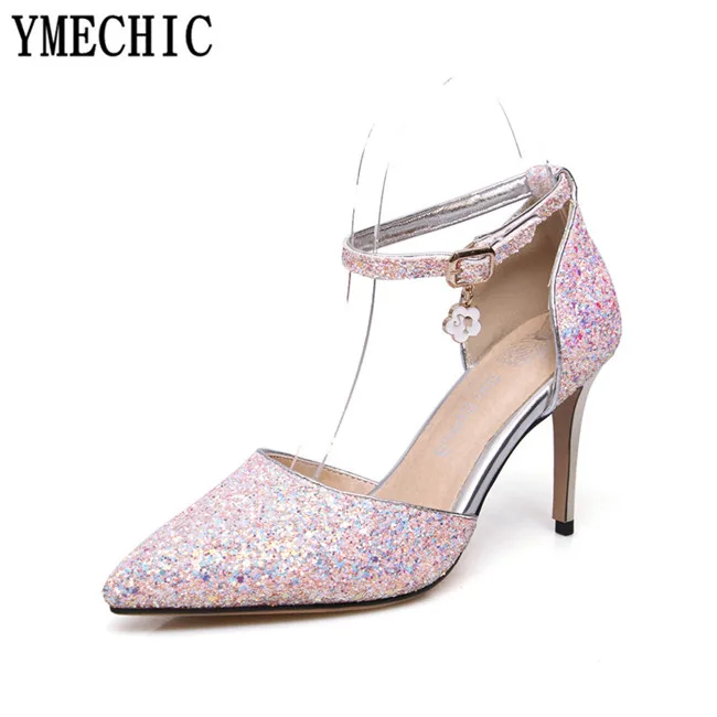 YMECHIC/2018 женские свадебные туфли на высоком каблуке с блестками и ремешком