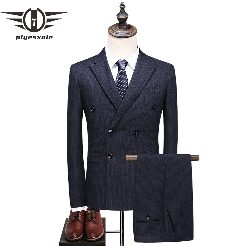 Plyesxale Для мужчин s двубортный костюм 2018 Slim Fit вертикальный в полоску 5XL размера