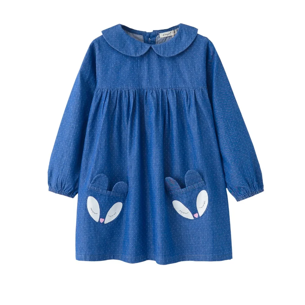 AuroraBaby Girls Dress Denim Cute Fox Dot Pattern Long Sleeve Toddler Girl Clothing 2-9Yrs Party Vestidos de fiesta | Детская одежда и