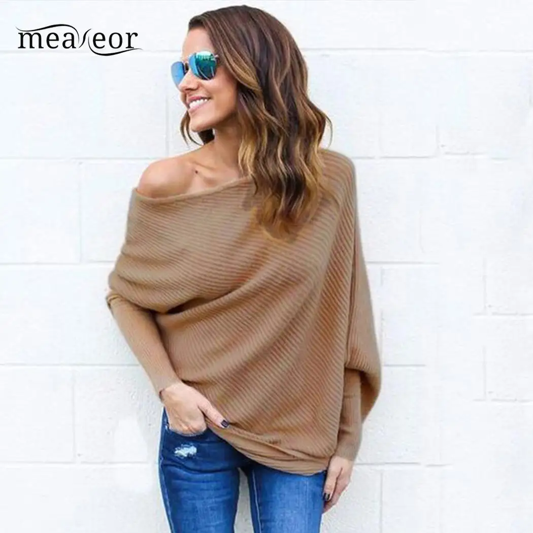 Meaneor One Shoulder Women Sweaters Batwing Sleeve Baggy Ladies Pullover Tops Autumn Spring Knitted Sweater Solid | Женская одежда