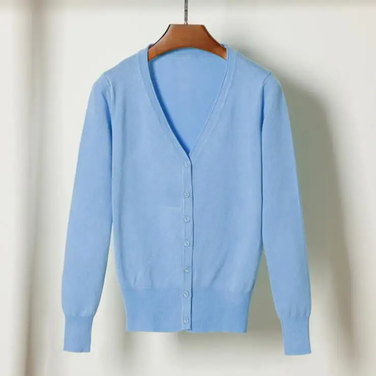 sky blue Queechalle, 28 цветов, вязаные кардиганы, весна-осень, кардиган, женские повседневные топы с длинным рукавом, v-образный вырез, Однотонный женский свитер, пальто - Цвет: sky blue