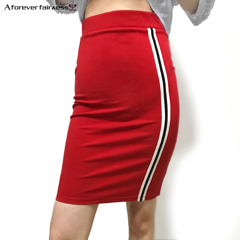

A Forever 2019 News Fashion Women Skirt Stripe Ribbon Stitching Elastic high Waist Slim Casual Package Hip Pencil Skirt AFF2015