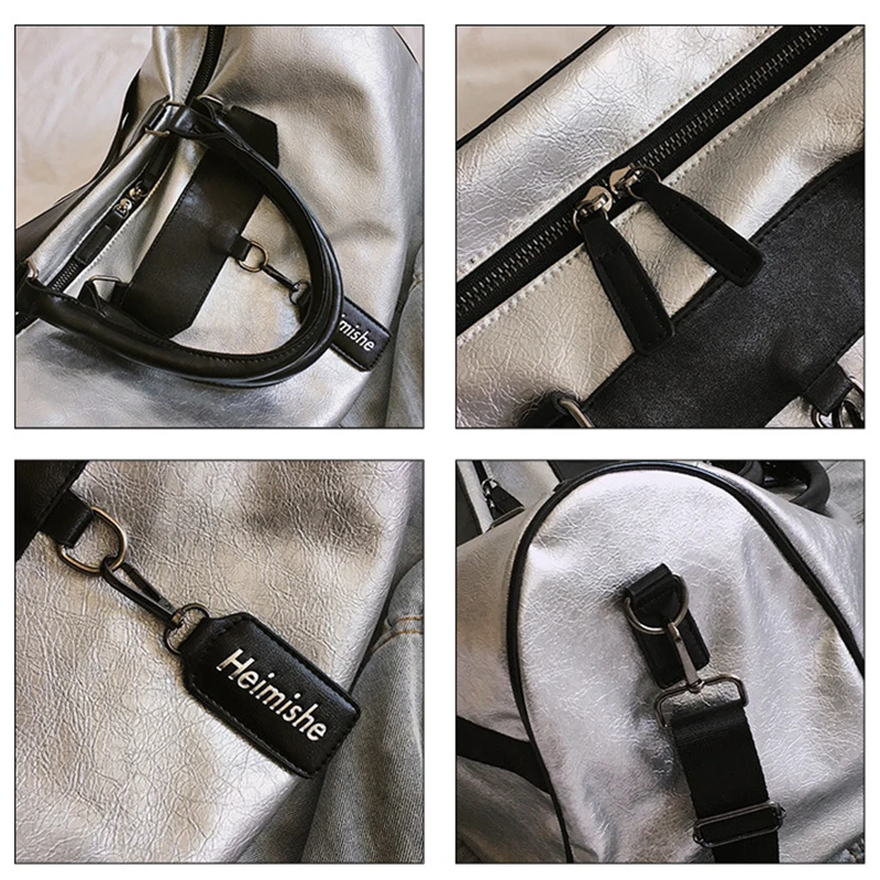 

Hot Top PU Silver Sports Bag Lady Luggage Bag in Travel Bags with Tag Duffel Gym Bag Leather Women Yoga Fitness sac de sport Big