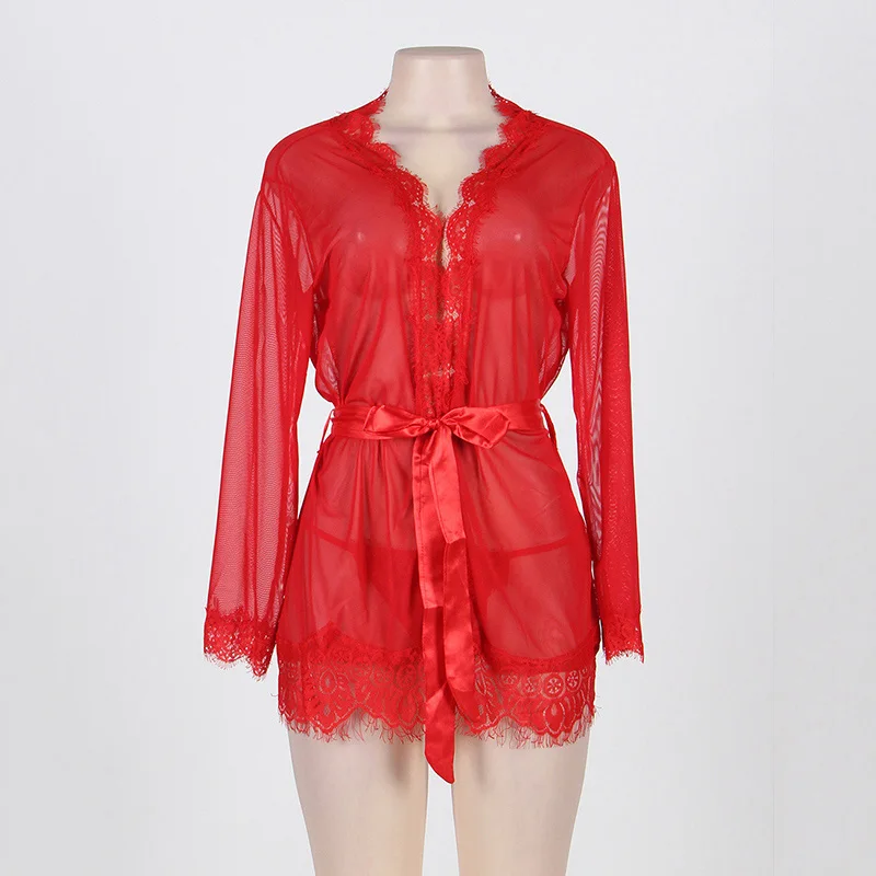 

2018 New Sexy Lingerie Hot Women 5 Colors Perspective Lace Robe Sexy Chemise+Thongs Underwear Erotic Lingerie Sexy Costumes