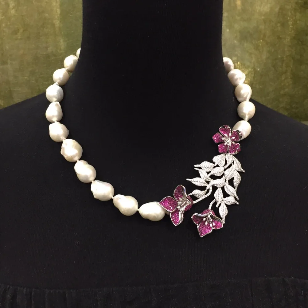 Барочное ожерелье с большим натуральным пресноводным жемчугом серебро 925 пробы