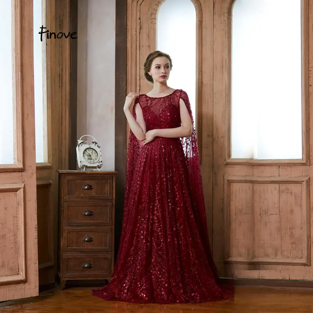 Finove Выпускные платья Длинные Robe De Soiree винно-красное светоотражающее платье с блестками элегантное ТРАПЕЦИЕВИДНОЕ вечернее платье с круглым вырезом для женщин - Цвет: Wine Red
