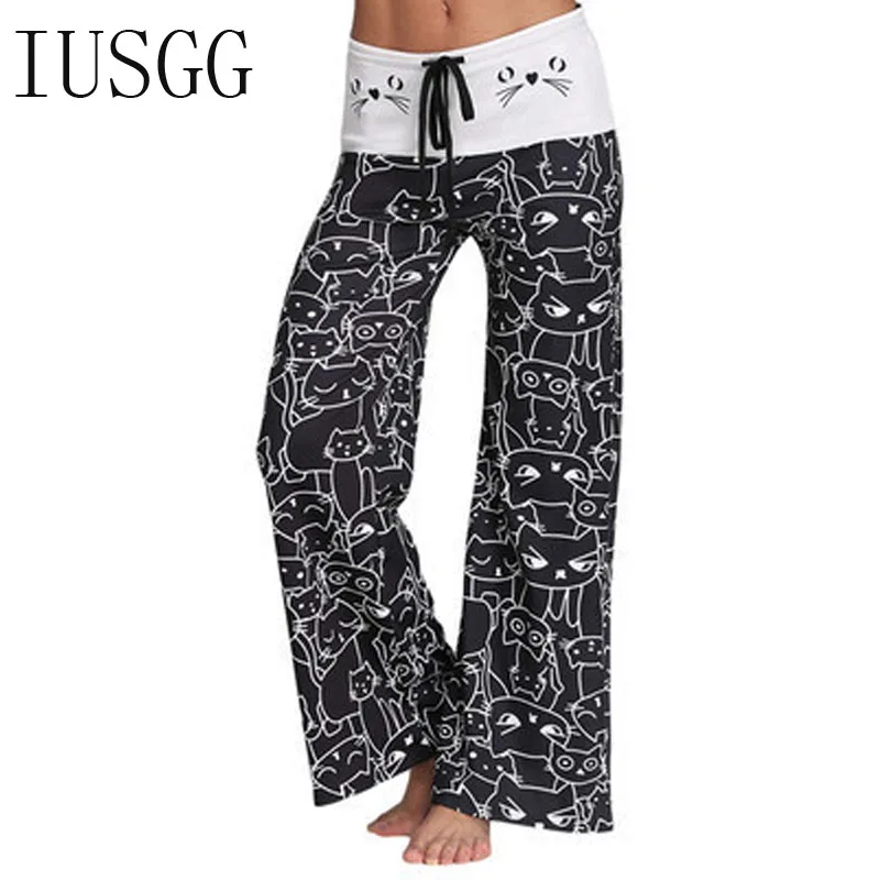 

Women Loose Floral Cat Printed 2021 Wide Leg Pants Loose Mid Waist Drawstring Spliced Trousers Long Female Fashion Streetwear