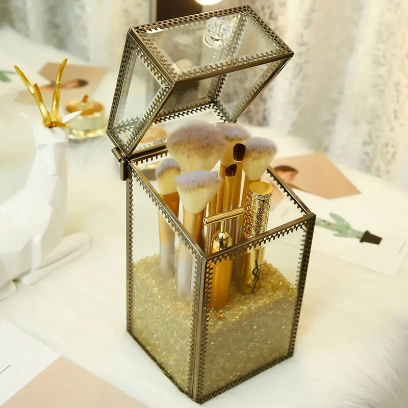 C with gold beads Инструменты для макияжа Ручка коробка для кистей со стеклом песочные бусины прозрачный макияж Инструменты держатель для хранения чехол можно положить кисти для макияжа - Цвет: C with gold beads