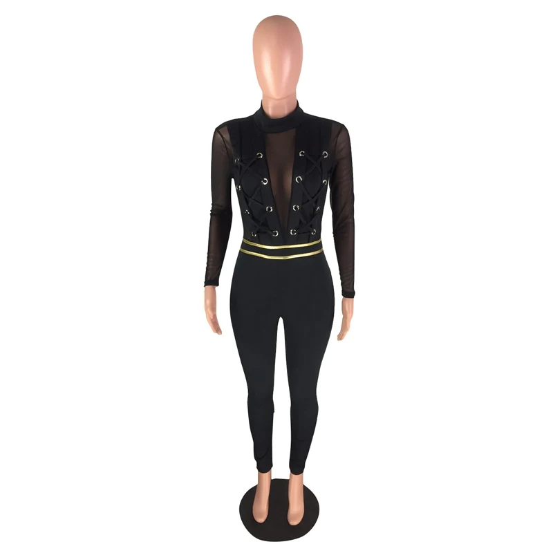 Женский комбинезон с длинными рукавами черный в полоску сеткой для вечеринок