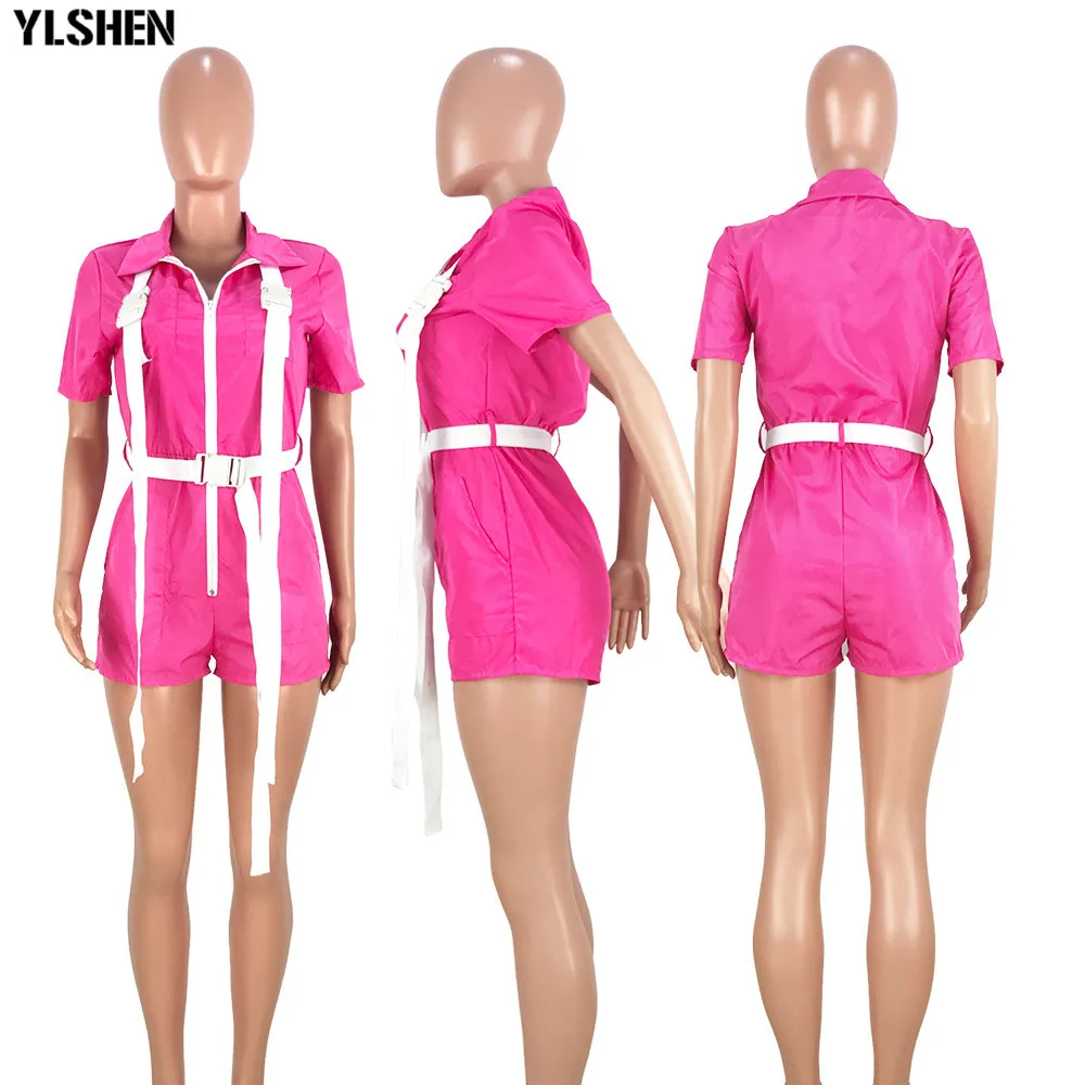 

2019 Rompers Women Jumpsuit Summer Playsuit Short Sleeve Zipper Up Buckle Splicing with Sasehs Short Casual Sporty Overall Pants