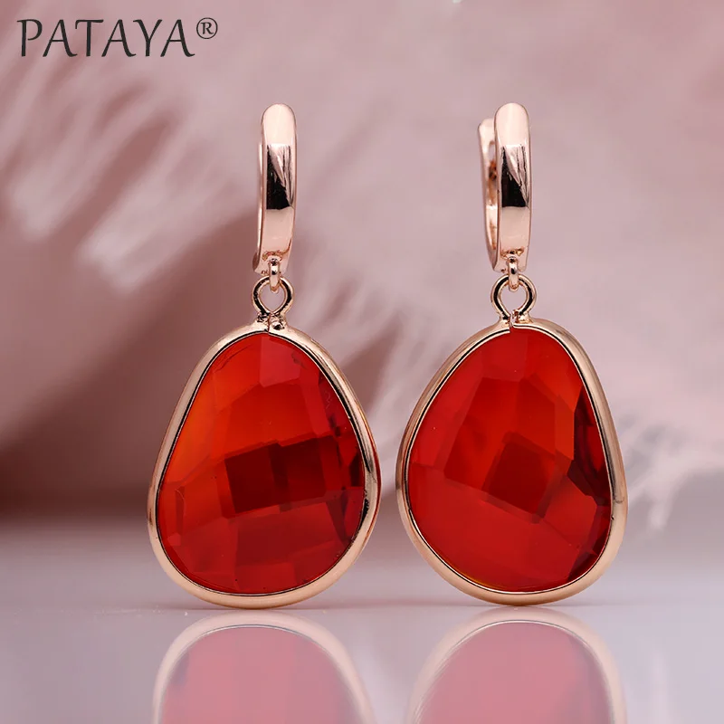 Red PATAYA новые необычные длинные висячие серьги с зеленым Искусственным цирконием, 585 розовое золото, женские изящные свадебные вечерние Простые Модные ювелирные изделия - Окраска металла: Red