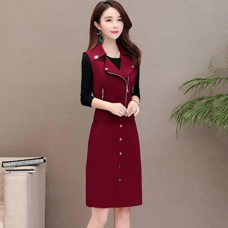

Women Dress Sets Spring Autumn Vest Dress Suit Female Casual 2 Piece Set Women's Long Sleeve Button Midi Dress Vest Sets J186