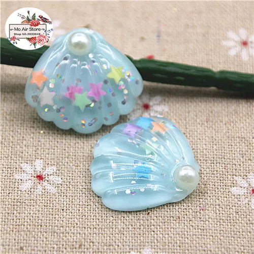 10 шт. полимер блестящий красочный Жемчуг seashell Flatback Кабошон DIY волос Лук Центр Скрапбукинг Ремесло 29x25 мм - Цвет: light blue 10pcs